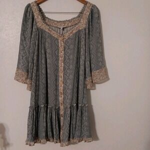 White Birch Women's Midi Dress Sz S Blue Button Down Front  Embroidered Neckline